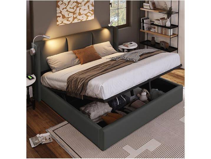 Bett mit Stauraum 160 x 200 cm – Graues PU – Doppelbett mit Leselicht und USB-Ladefunktion – Matratze nicht enthalten von Kauf-Unique Marketplace