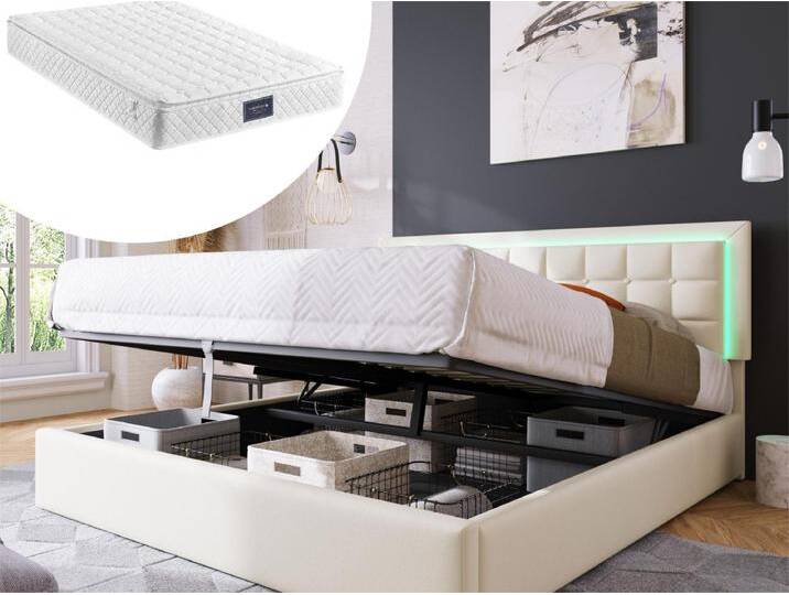 Bett mit Stauraum 160 x 200 cm – Kunstleder – LEDs – Lattenrost – Weiß + Matratze von Kauf-Unique Marketplace