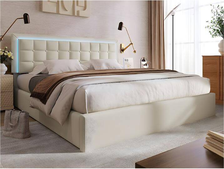 Bett mit Stauraum 160 x 200 cm – Kunstleder – LEDs – Lattenrost – Weiß von Kauf-Unique Marketplace