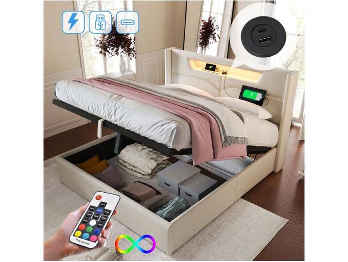 Bett mit Stauraum 160 x 200 cm – beigefarbenes Leinen – Erwachsenenbett mit USB-Ladefunktion und LED-Beleuchtung – ohne Matratze Bett mit Stauraum 160 x 200 cm – beigefarbenes Leinen – Erwachsenenbett mit USB-Ladefunktion und LED-Beleuchtung – ohne Matratze von Kauf-Unique Marketplace