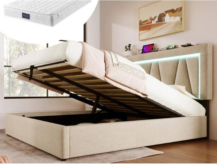 Bett mit Stauraum 160 x 200 cm für Erwachsene – USB + Typ C + LEDs – Leinenstoff – Beige + Matratze von Kauf-Unique Marketplace