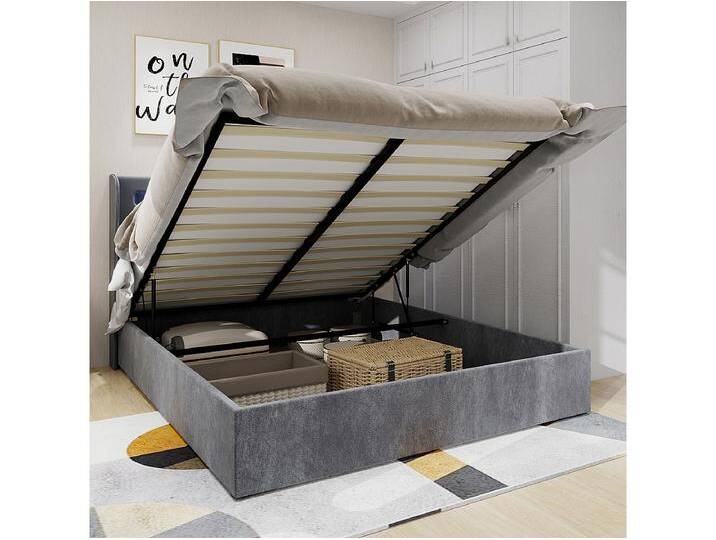 Bett mit Stauraum 160 x 200 cm mit LED-Beleuchtung, Holzlattenrost – grauer Samt (ohne Matratze) von Kauf-Unique Marketplace