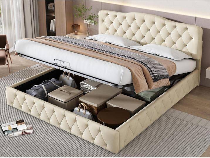 Bett mit Stauraum 180 x 200 cm – Bett für Erwachsene – verstellbares Kopfteil – Lattenrost aus Holz – Samt – Beige von Kauf-Unique Marketplace
