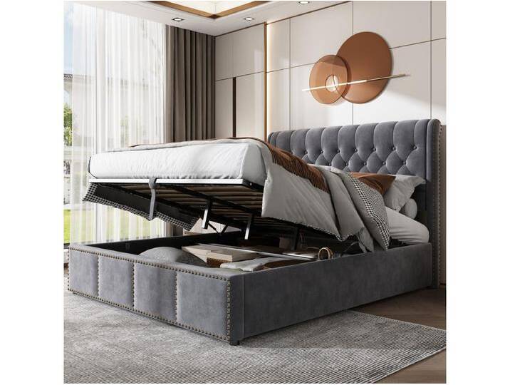 Bett mit Stauraum 180 x 200 cm – dunkelgrauer Samt – Polsterbett mit Kopfteil und Lattenrost – ohne Matratze von Kauf-Unique Marketplace
