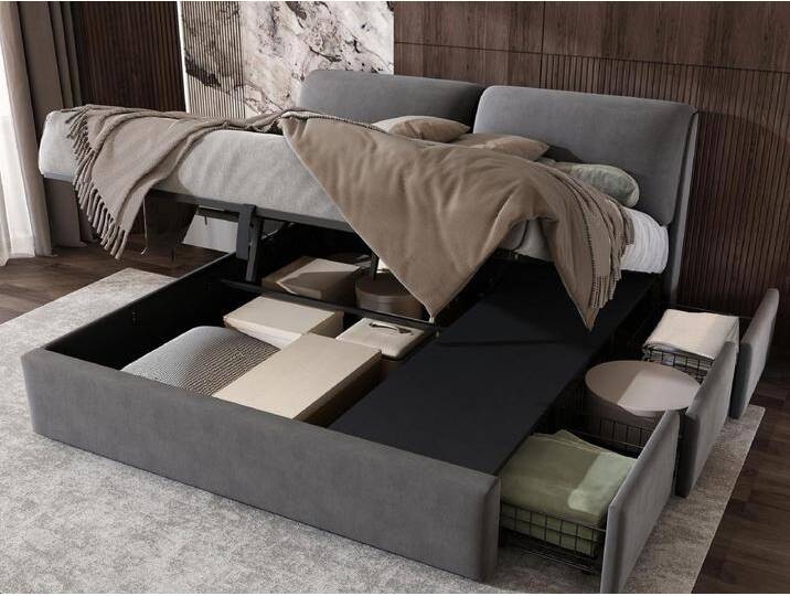 Bett mit Stauraum 180 x 200 cm für Erwachsene mit 3 Schubladen – Samtstoff – Boxspring inklusive – Grau von Kauf-Unique Marketplace