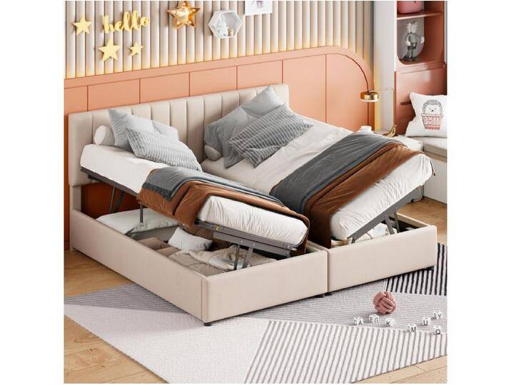 Bett mit Stauraum 180x200cm, mit Hydraulik mit Stauraum, Verstellbares Kopfteil, Lattenrost aus Holz, Doppelbett mit Leinenbezug - Beige von Kauf-Unique Marketplace