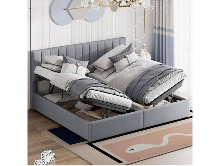 Bett mit Stauraum 180x200cm, mit Hydraulik mit Stauraum, verstellbares Kopfteil, Lattenrost aus Holz, Doppelbett mit Leinenbezug - Grau von Kauf-Unique Marketplace
