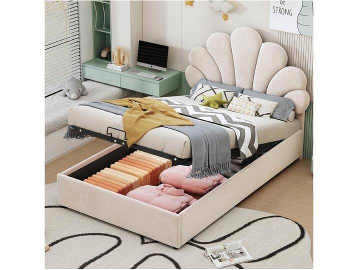 Bett mit Stauraum 90 x 200 cm – Beige Samt – Kinderbett mit verstellbarem Kopfteil und Lattenrost – ohne Matratze Bett mit Stauraum 90 x 200 cm – Beige Samt – Kinderbett mit verstellbarem Kopfteil und Lattenrost – ohne Matratze von Kauf-Unique Marketplace