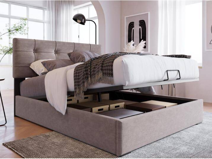 Bett mit Stauraum 90 x 200 cm – Samt – verstellbares Kopfteil – Lattenrost – Hellgrau von Kauf-Unique Marketplace