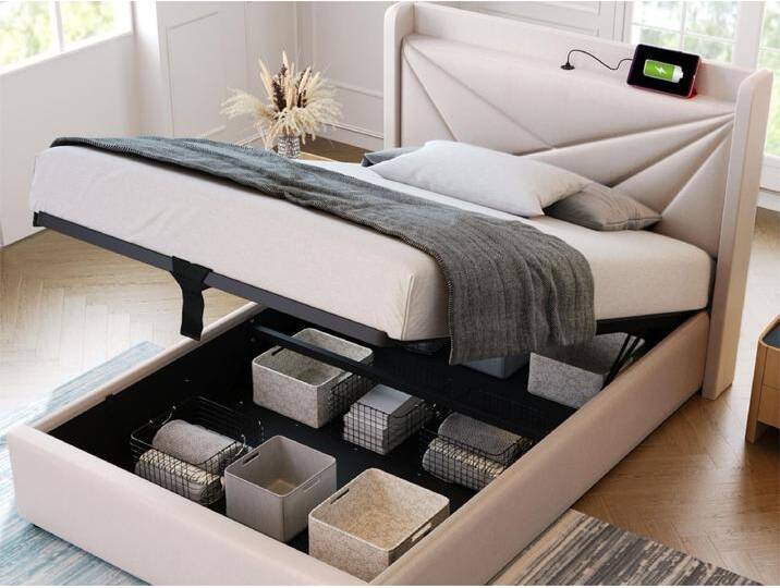 Bett mit Stauraum 90 x 200 cm – USB und Typ C – Leinenstoff – Lattenrost – Beige von Kauf-Unique Marketplace