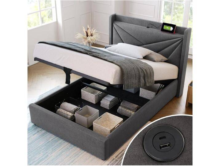 Bett mit Stauraum 90 x 200 cm – graues Leinen – Jugendbett mit USB-Ladeanschluss – Lattenrost – ohne Matratze von Kauf-Unique Marketplace