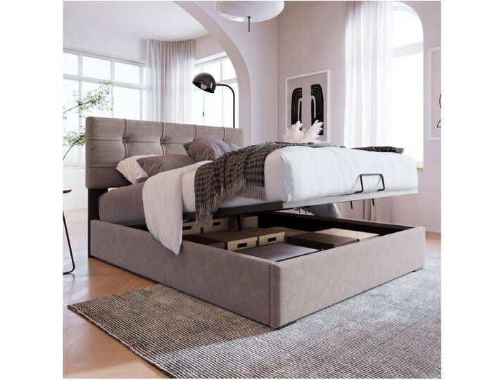 Bett mit Stauraum 90 x 200 cm – hellgrauer Samt – Kinderbett mit verstellbarem Kopfteil und Metallrahmen – ohne Matratze von Kauf-Unique Marketplace