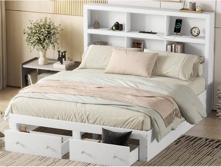 Bett mit Stauraum am Kopfteil – 160 x 200 cm – 2 Schubladen – Massivholz – Weiß von Kauf-Unique Marketplace