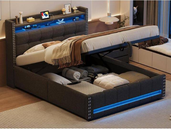 Bett mit Stauraum aus Leinen, 140 x 200 cm – mit LED- und USB-Steckdose – mit Lattenrost – Grau von Kauf-Unique Marketplace