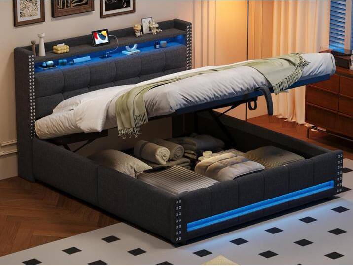 Bett mit Stauraum aus Leinen, 160 x 200 cm – mit LED- und USB-Steckdose – mit Lattenrost – Grau von Kauf-Unique Marketplace