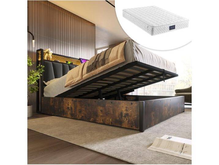 Bett mit Stauraum für Erwachsene, 160 x 200 cm – App-Steuerung, LEDs + USB – Holz + Leinen – Industriestil – Grau + Matratze von Kauf-Unique Marketplace