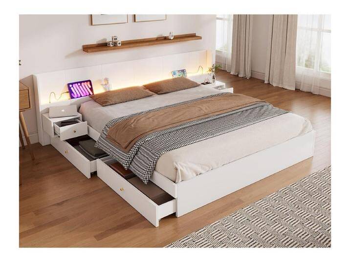 Bett mit Stauraum für Erwachsene, 180 x 200 cm, aus Holz – mit USB- und LED-Anschlüssen – 2 Nachttische und 2 Schubladen – Weiß von Kauf-Unique Marketplace