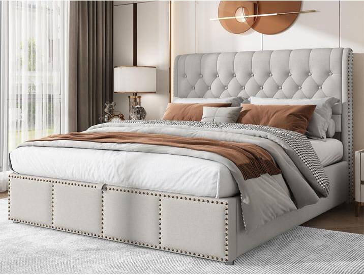 Bett mit Stauraum und Kopfteil – 140 x 200 cm – Baumwollleinen – Lattenrost – moderner Stil – Grauweiß von Kauf-Unique Marketplace