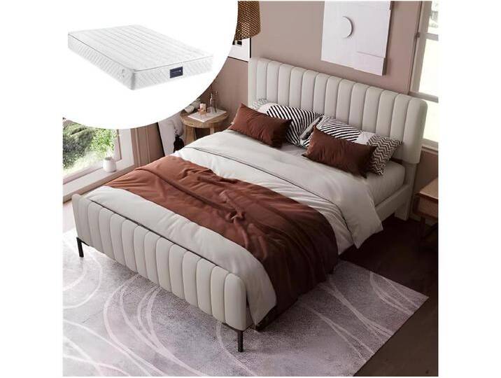 Bett mit verstellbarem Kopfteil – 140 x 200 cm – Leinenstoff – Lattenrost – Beige + Matratze von Kauf-Unique Marketplace