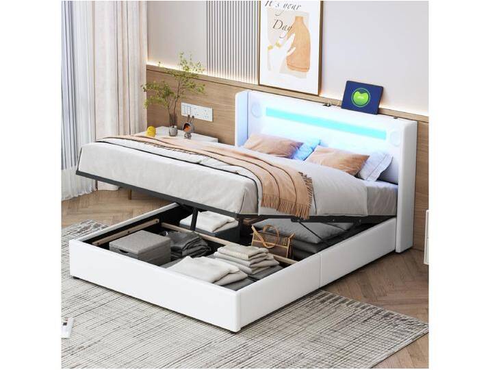Bettkasten 140 x 200 cm mit Kopfteil – LEDs, Bluetooth-Player und USB-Buchse – PU-Leder – Weiß Bettkasten 140 x 200 cm mit Kopfteil – LEDs, Bluetooth-Player und USB-Buchse – PU-Leder – Weiß von Kauf-Unique Marketplace