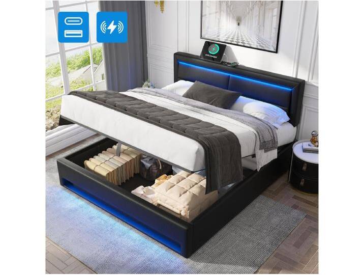 Bettkasten 140 x 200 cm mit Kopfteil – USB- und LED-Anschlüsse – PU-Leder – Lattenrost – Schwarz (ohne Matratze) von Kauf-Unique Marketplace
