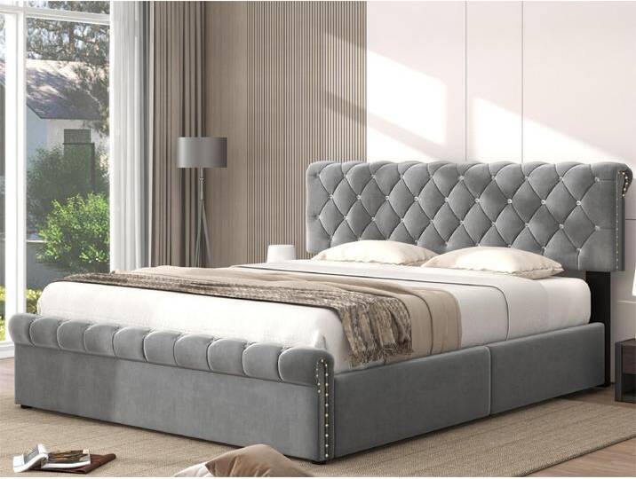 Bettkasten 140 x 200 cm mit verstellbarem Kopfteil – Samt – Lattenrost – skandinavischer Stil – Grau von Kauf-Unique Marketplace