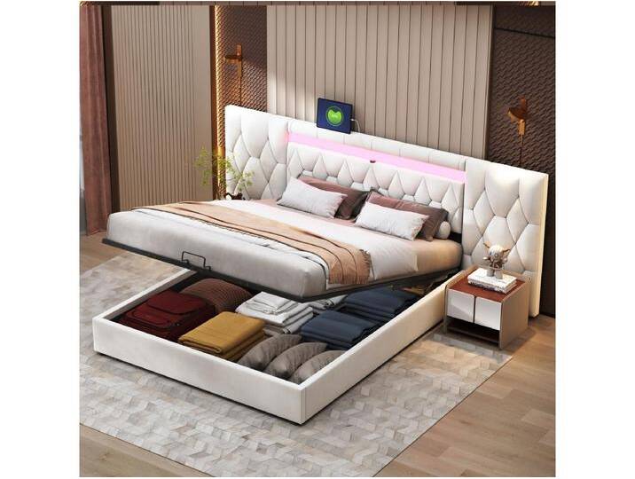 Bettkasten 180 x 200 cm mit großem Kopfteil – mit Samt gepolstert – LEDs und USB-Buchse – Beige von Kauf-Unique Marketplace