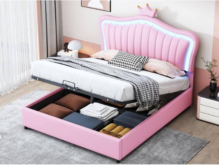 Bettkasten aus Kunstleder, 140 x 200 cm – mit LED und Lattenrost – Rosa von Kauf-Unique Marketplace