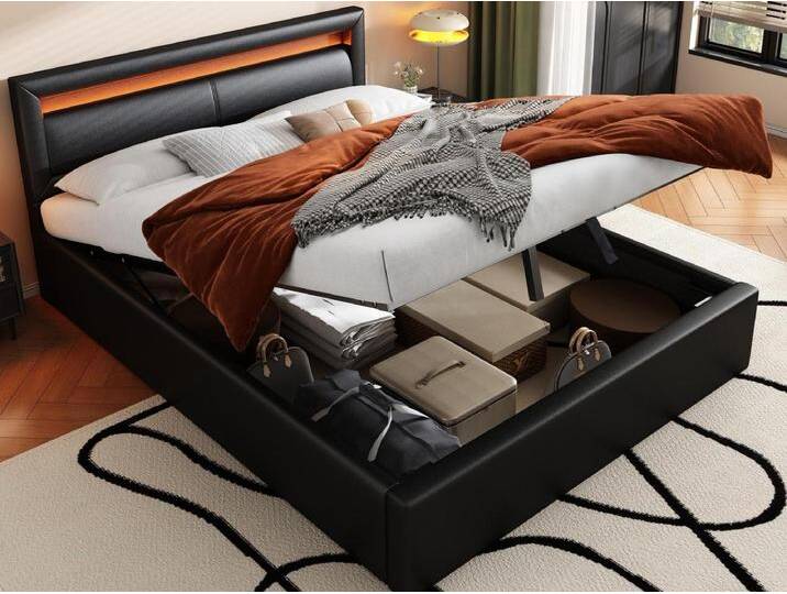 Bettkasten mit LED 140 x 200 cm – aus Kunstleder – Schwarz von Kauf-Unique Marketplace