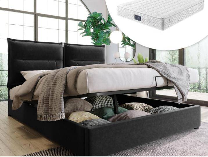 Bettkasten mit Stauraum 140 x 200 cm – Samt – Lattenrost – Schwarz + Matratze von Kauf-Unique Marketplace