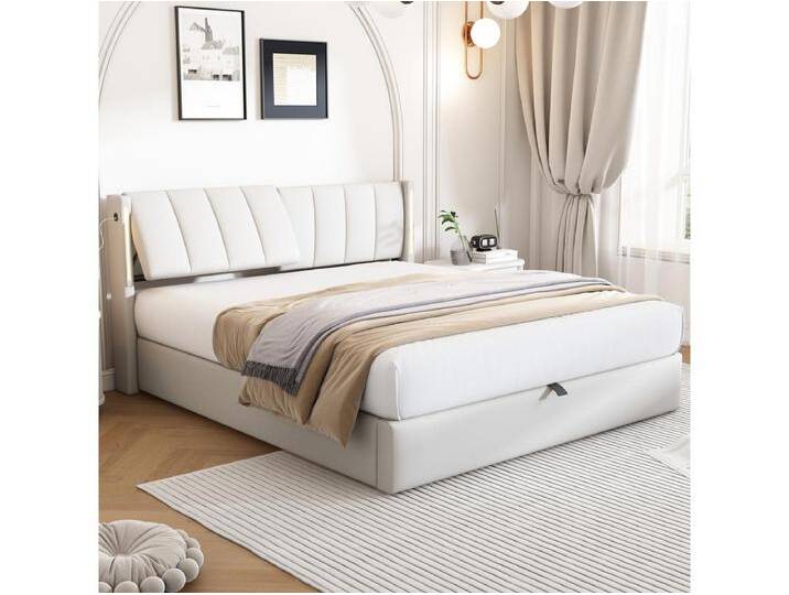 Binaurales Stauraumbett mit verstellbarem Kopfteil – 140 x 200 cm – PU-Leder – LEDs und USB – Lattenrost – Weiß von Kauf-Unique Marketplace