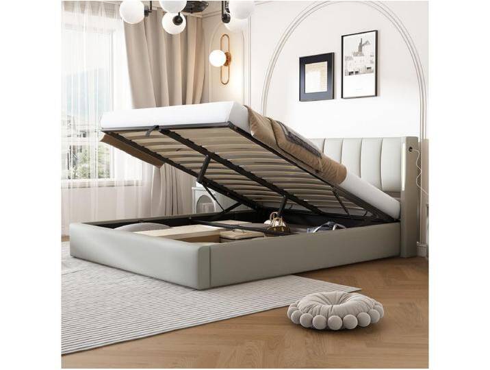 Binaurales Stauraumbett mit verstellbarem Kopfteil – 160 x 200 cm – PU-Leder – LEDs und USB – Lattenrost – Grau von Kauf-Unique Marketplace