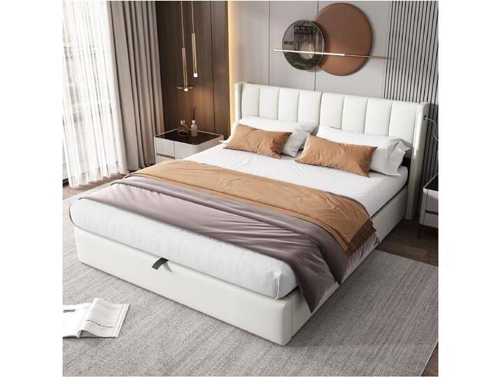 Binaurales Stauraumbett mit verstellbarem Kopfteil – 180 x 200 cm – PU-Leder – LEDs und USB – Lattenrost – Weiß von Kauf-Unique Marketplace