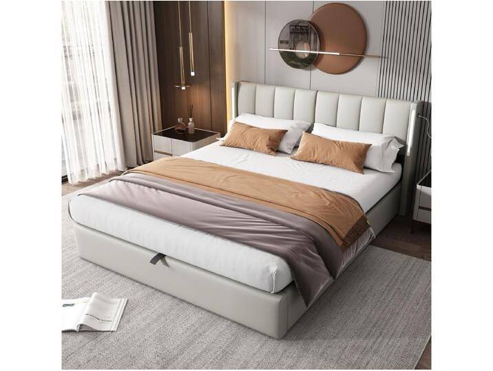 Binaurales Stauraumbett mit verstellbarem Kopfteil – 180 x 200 cm – PU-Leder – LEDs und USB – Lattenrost – Weiß von Kauf-Unique Marketplace