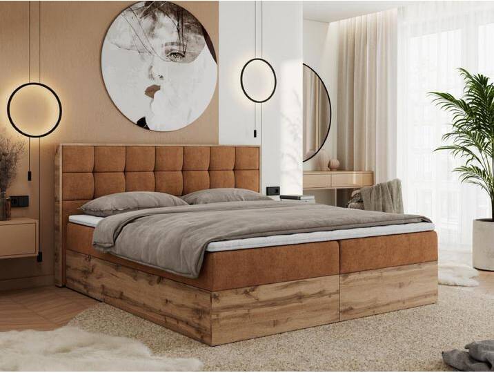 Boxspringbett ALBERO 1, Polsterbett mit gestepptem Kopfteil, Multipocket-Matratze - 120x200 cm - H3 - Orange Strukture von Kauf-Unique Marketplace