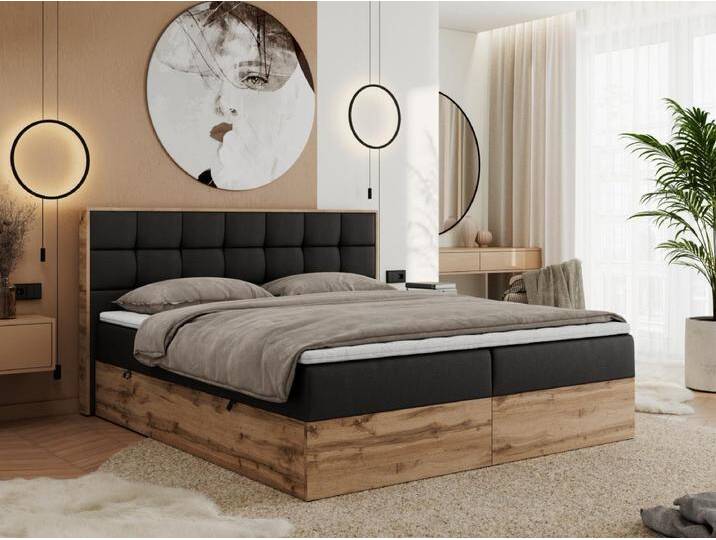 Boxspringbett ALBERO 1, Polsterbett mit gestepptem Kopfteil, Multipocket-Matratze - 200x200 cm - H3 - Schwarz Kunstleder von Kauf-Unique Marketplace