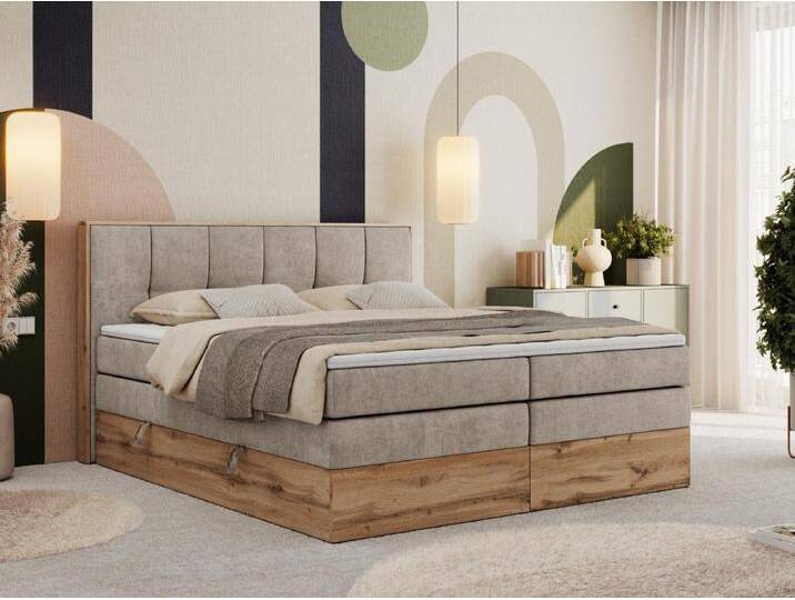 Boxspringbett ALBERO 1 KING - zwei 7 Härtezonen Multipocket-Matratzen, Doppelbett mit Stauraum, Eiche Wotan Holzrahmen - 180x200 cm - H3 - Beige Strukture von Kauf-Unique Marketplace