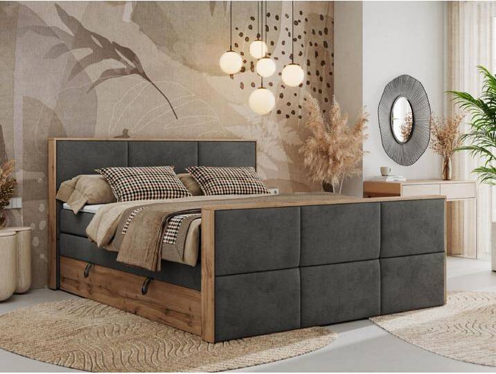 Boxspringbett ALBERO 2 KING DUO - Eiche Wotan Holzrahmen, zwei Multipocket-Matratzen, Bettkästen - 200x200 cm - H4 - Dunkelgrau Velvet von Kauf-Unique Marketplace