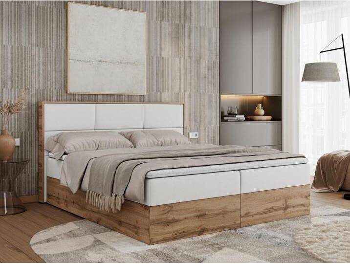 Boxspringbett ALBERO 2 mit Topper und Multipocket-Matratze, Stauraum, Holzrahmen - 140x200 cm - H3 - Weiß Kunstleder von Kauf-Unique Marketplace