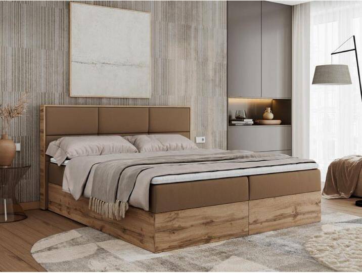 Boxspringbett ALBERO 2 mit Topper und Multipocket-Matratze, Stauraum, Holzrahmen - 160x200 cm - H3 - Braun Kunstleder von Kauf-Unique Marketplace