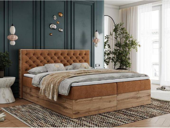 Boxspringbett ALBERO 3 - gesteppte Kopfstütze, Eiche Wotan Holzrahmen, Stauraum - 180x200 cm - H4 - Orange Strukture von Kauf-Unique Marketplace