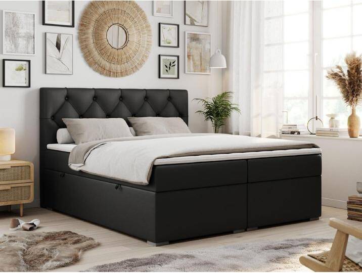 Boxspringbett ALDA - Doppelbett mit gestepptem Kopfteil, Multipocket-Matratze und Topper, zwei Bettkästen - 120x200 cm - H4 - Schwarz Kunstleder von Kauf-Unique Marketplace