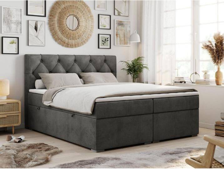 Boxspringbett ALDA - Doppelbett mit gestepptem Kopfteil, Multipocket-Matratze und Topper, zwei Bettkästen - 160x200 cm - H4 - Dunkelgrau Velvet von Kauf-Unique Marketplace