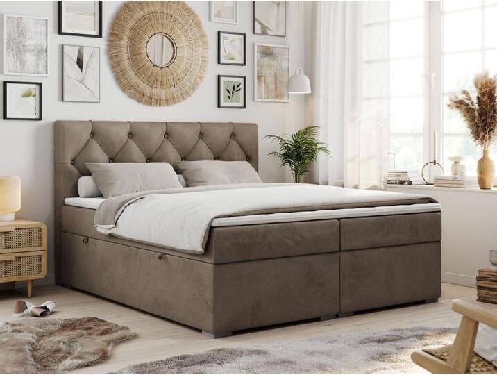 Boxspringbett ALDA - Doppelbett mit gestepptem Kopfteil, Multipocket-Matratze und Topper, zwei Bettkästen - 200x200 cm - H3 - Braun Velvet von Kauf-Unique Marketplace
