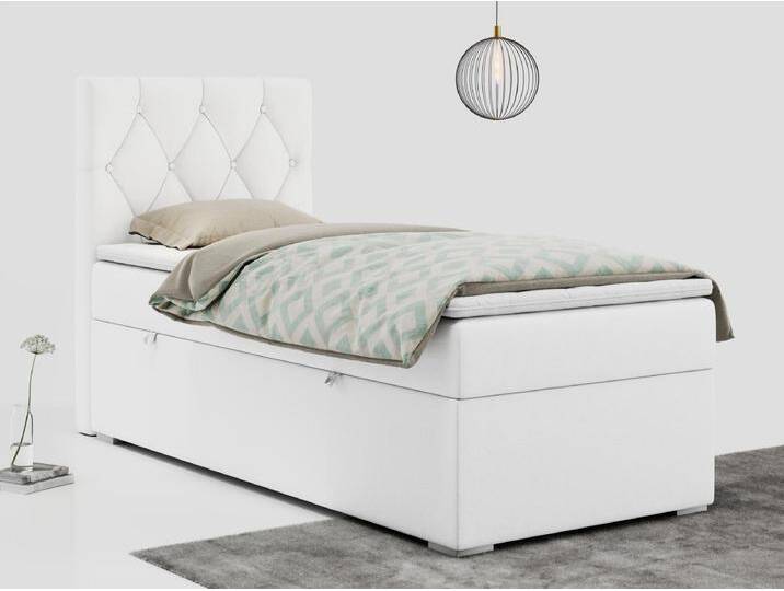 Boxspringbett ALDA - Einzelbett mit gestepptem Kopfteil, Multipocket-Matratze und Topper, Bettkasten - 90x200 cm - H3 - Weiß Kunstleder - Links Seite von Kauf-Unique Marketplace