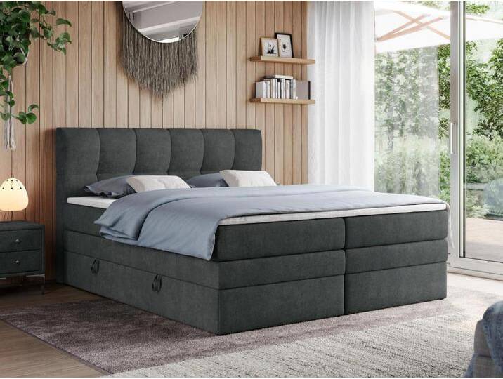 Boxspringbett ALVIN KING, mit zwei Multipocket-Matratzen, Bettkästen, genähtes Kopfteil - 120x200 cm - H4 - Dunkelgrau Strukture von Kauf-Unique Marketplace