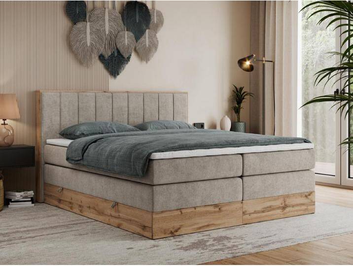 Boxspringbett BELLISSIMO KING - für Schlafzimmer, zwei Multipocket-Matratzen, Set mit Kopfteil und Topper, Holzrahmen - 140x200 cm - H4 - Beige Strukture von Kauf-Unique Marketplace