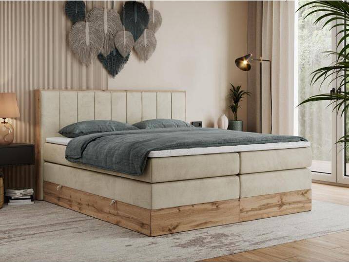Boxspringbett BELLISSIMO KING - für Schlafzimmer, zwei Multipocket-Matratzen, Set mit Kopfteil und Topper, Holzrahmen - 140x200 cm - H4 - Beige Velvet von Kauf-Unique Marketplace