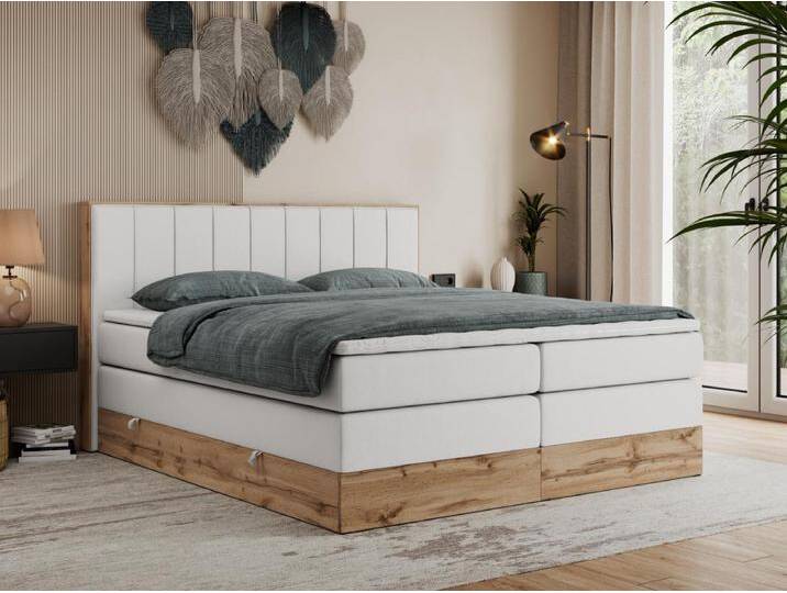 Boxspringbett BELLISSIMO KING - für Schlafzimmer, zwei Multipocket-Matratzen, Set mit Kopfteil und Topper, Holzrahmen - 160x200 cm - H3 - Weiß Kunstleder von Kauf-Unique Marketplace