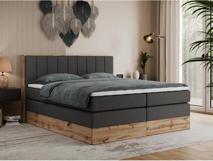 Boxspringbett BELLISSIMO KING - für Schlafzimmer, zwei Multipocket-Matratzen, Set mit Kopfteil und Topper, Holzrahmen - 160x200 cm - H4 - Dunkelgrau Kunstleder von Kauf-Unique Marketplace